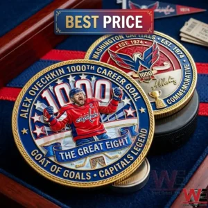 Close up of two commemorative gold coins for Alex Ovechkin! The main coin shows him celebrating a goal with text honoring his career achievements!