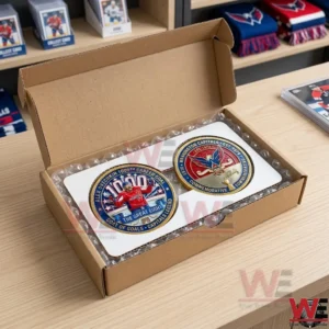 An open cardboard box on a wooden table contains two collectible coins in a white holder! The coins celebrate a hockey milestone and are surrounded by protective bubble wrap!