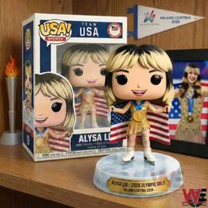Alysa Liu collectible figure holding an American flag beside its box on a shelf!