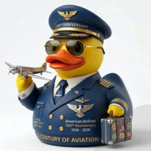 Pilot themed rubber duck holding a model airplane and suitcase!