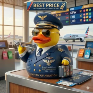 Pilot themed rubber duck on an airport counter with planes behind it!