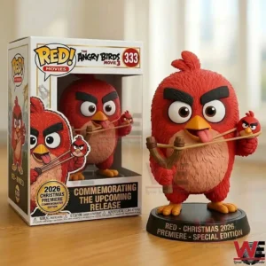 A collectible red bird figure standing next to its movie themed packaging box!