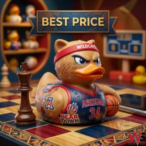 A photo of an Arizona Wildcats basketball-themed collectible rubber duck toy on a chessboard with a dark wood king piece nearby.