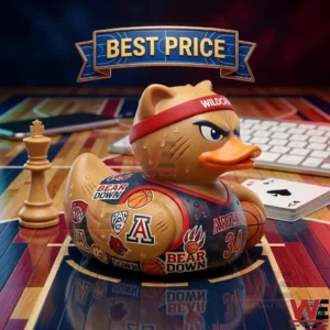 A detailed shot of the Arizona Wildcats collectible rubber duck toy centered on a polished miniature basketball court floor.