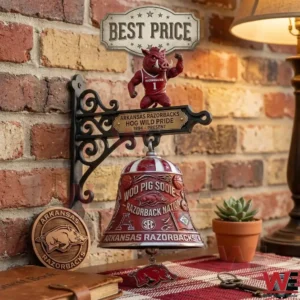 Arkansas Razorbacks Tusk Mascot Wall Bell 3 Arkansas Razorbacks wall bell with hog mascot displayed on a brick wall!