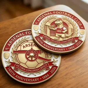 Two Arsenal anniversary commemorative coins on a wooden table!