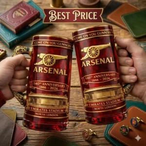 Arsenal The Gunners 140th Anniversary Beer Glass 3 Two Arsenal anniversary mugs on a table with a best price sign above them!