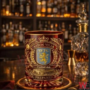 Aston Villa themed glass on a bar counter!