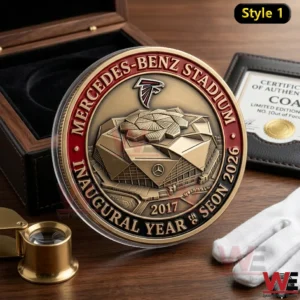 ATLANTA FALCONS 60TH ANNIVERSARY COIN 6 Back of a Falcons commemorative coin showing Mercedes Benz Stadium with inaugural year 2017 and season 2026 text.