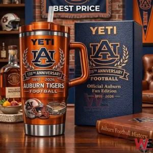A commemorative Auburn Tigers football anniversary Yeti tumbler and its blue display box!