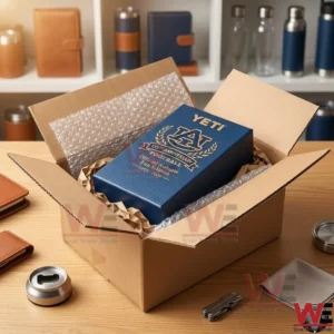 An open shipping box containing a blue branded Yeti gift box with protective packaging!