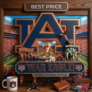 3D Auburn University key rack with a matching mug and wallet on a desk!