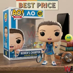 A female tennis player collectible figure standing on a wooden table next to its retail box and tennis accessories.