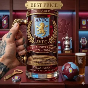 AVFC Villa Park 152nd Anniversary 1874-2026 Beer Glass 3 AVFC anniversary glass displayed in a collector style AVFC setting!