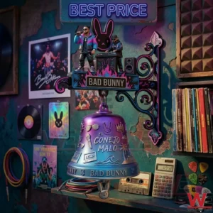 A decorative Bad Bunny themed metal bell with figures on top hanging in a room filled with music memorabilia.