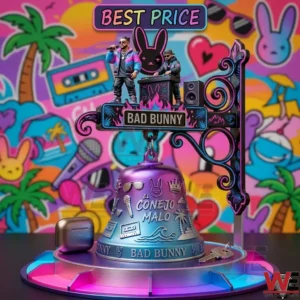 A colorful branded bell on a glowing neon pedestal against a bright graphic background.