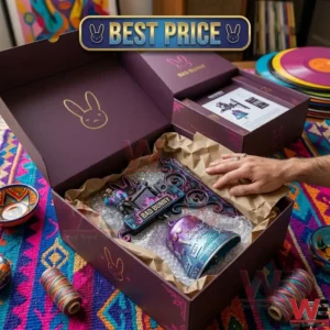 An open purple gift box containing a decorative bell set on a colorful rug.