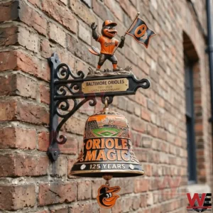 Baltimore Orioles themed wall bell with mascot figure and Orioles Magic design mounted on a brick wall!
