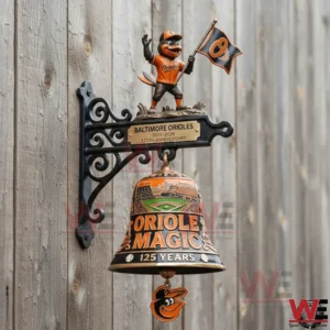 Orioles Magic anniversary wall bell with mascot figure and flag mounted on a wooden wall!
