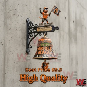 Baltimore Orioles wall bell on a gray wall with best price and high quality text on the image!