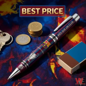 Barcelona ballpoint pen with club colors beside coins and a small box!