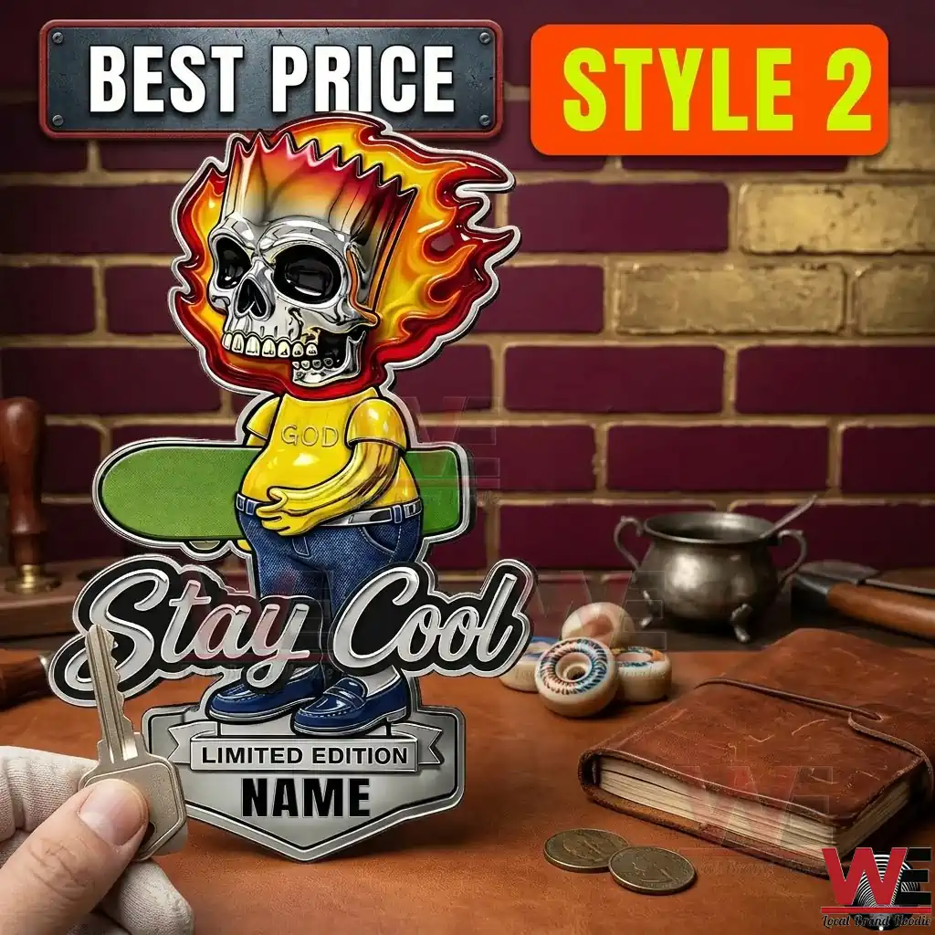 Bart Simpson Stay Cool Car Name Badge 2 Skeletal character metal plaque with flaming hair.
