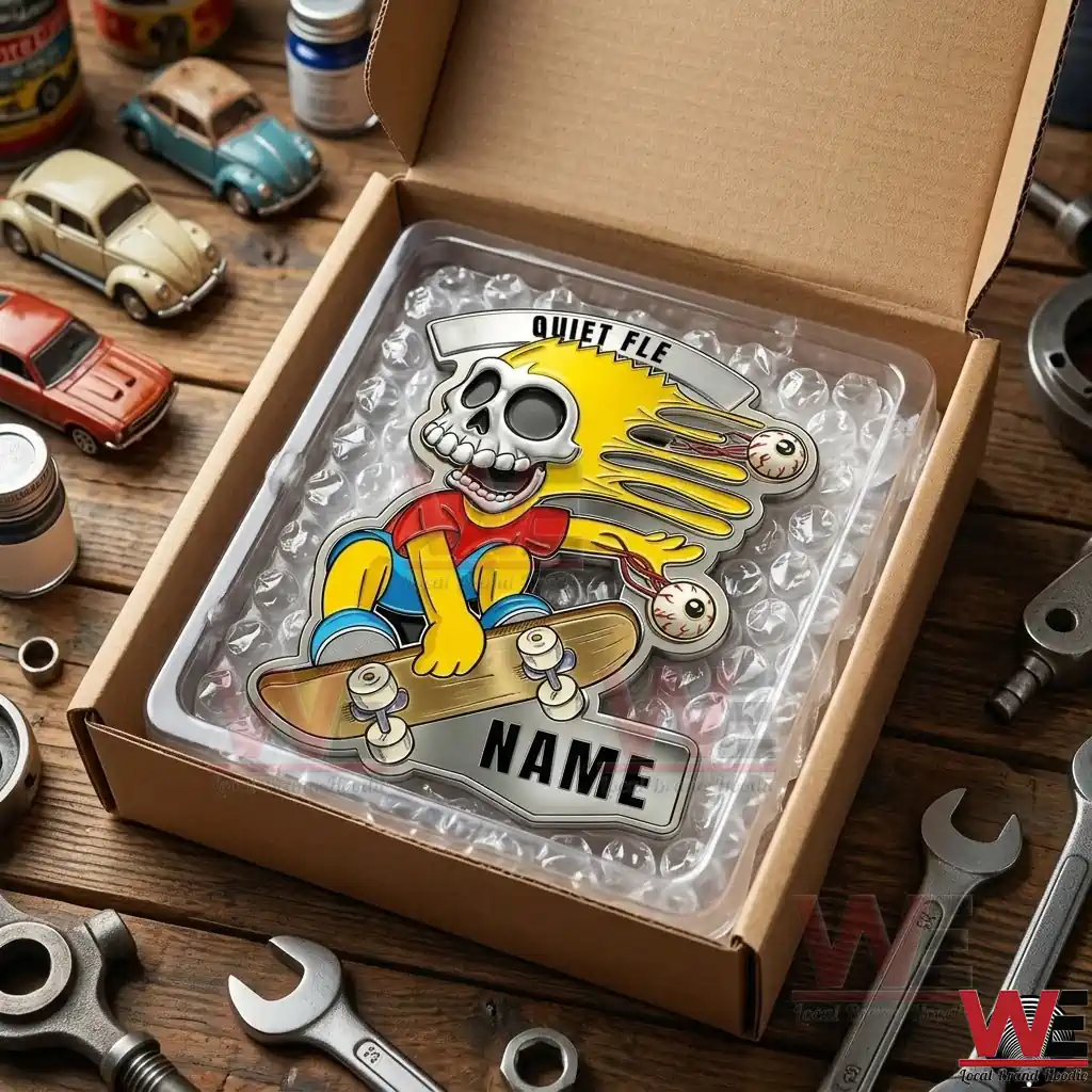 Bart Simpson Stay Cool Car Name Badge 4 Packaged metal nameplate in a shipping box.