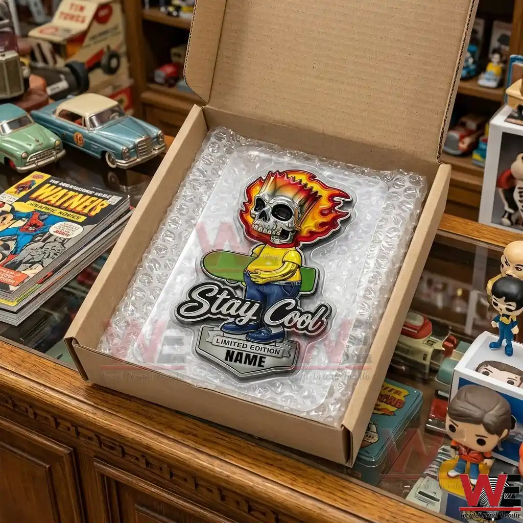 Bart Simpson Stay Cool Car Name Badge 5 Metal plaque in a box on a display case.