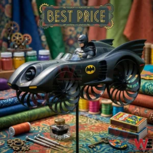 A Batmobile collectible sitting on patterned fabric surrounded by vintage tools and gears.