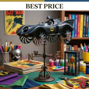A Batmobile toy mounted on a weather vane stand on a desk.
