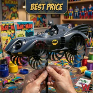 A person holding a Batmobile toy with fan wheels in a room full of collectibles.