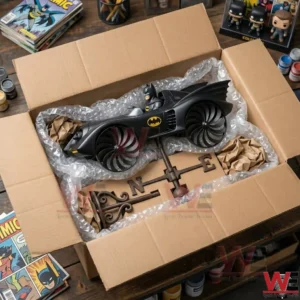 A Batmobile toy and weather vane stand being packed in a cardboard box with bubble wrap.