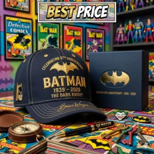 Black Batman anniversary cap with gold lettering beside a matching collector box!