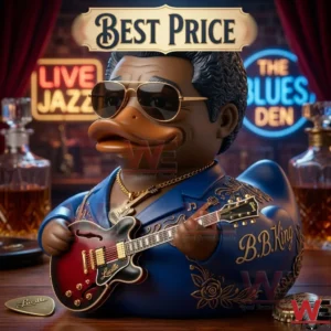 A photo of a custom B.B. King duck figure playing a Gibson ES 355 guitar! It is detailed with an embroidered jacket and gold accessories in a blues bar setting!