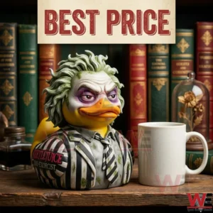 A vinyl duck figure with green hair and a striped suit sitting on a shelf next to a coffee mug! Books and a glass dome are in the background!