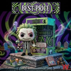 A Beetlejuice collectible figure and box displayed on a stone base! The scene includes graveyard elements and a miniature town model under a Best Price banner!