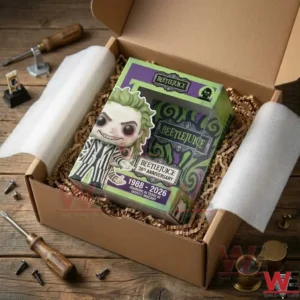 A Beetlejuice anniversary box inside a shipping container with shredded paper and foam! Screwdrivers and a magnifying glass are on the wooden table!