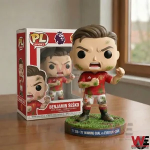 Collectible football player figure beside display box on a wooden table!