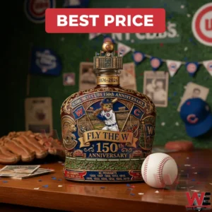 Chicago Cubs anniversary collectible bottle on a table with a baseball!