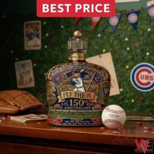 Chicago Cubs anniversary collectible bottle with a signed baseball on a table!