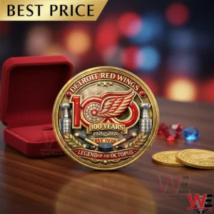 Front view of a Detroit Red Wings one hundred year anniversary challenge coin on display!