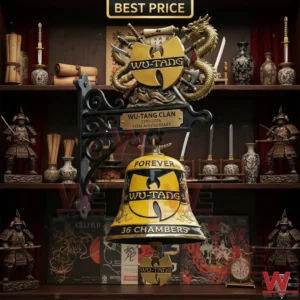 Wu Tang anniversary bell display on a shelf with swords and samurai figures!
