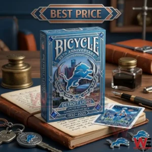A detailed, close-up photograph of the elaborate blue Bicycle Detroit Lions 95th Anniversary Commemorative card deck, with its distinct silver lion-stadium logo and detailed text. It is standing on a leather-bound notebook with an inked quill and other writing items. A single decorative card and a set of keys are nearby on the table. At the top of the frame is a vintage style bronze banner.
