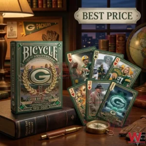 A photograph of a special Green Bay Packers commemorative playing card deck and several unique cards spread across a rich wooden desk! The green tuck box has gold foil accents and details about the 107th Anniversary! Several cards feature illustrated portraits of key team players and figures while a central stylized G logo is on another! A leather book titled GREEN BAY PACKERS HISTORY sits below the deck! An old compass a pen and a vintage pennant are also on the desk! A text banner reads BEST PRICE!