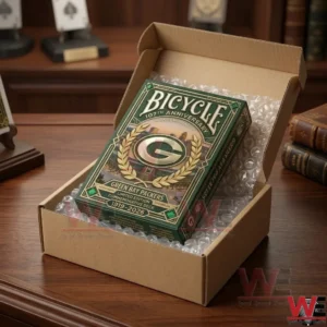 A photograph of an open brown corrugated shipping box filled with plastic bubble wrap cushioning! Nestled within the bubble wrap is a single green and gold limited edition Bicycle playing card deck for the Green Bay Packers 107th Anniversary! The deck box is visible from the top and shows details like the G logo and laurel wreath! The open box is placed on a smooth wooden desk with other antique wooden items and books in the soft focus background!