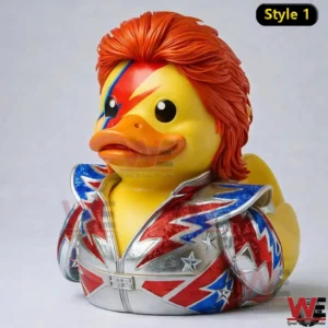 Yellow duck figure with red hair lightning face paint and a glittering glam rock outfit!
