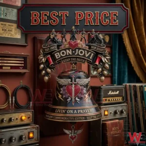 A decorative wall hanging featuring a detailed bell and artist figures above vintage music gear.