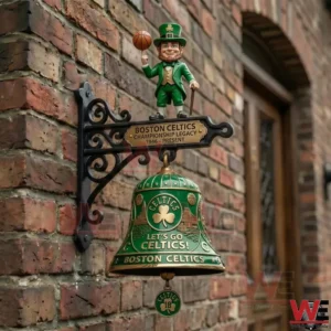 Boston Celtics wall bell hanging on a brick wall with mascot figure on top!