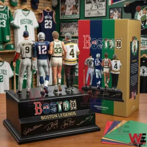 A statue of four famous Boston sports players standing together with their matching display box!