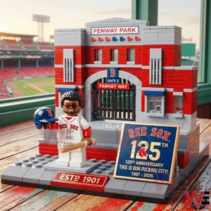 Building block Fenway Park entrance with Red Sox minifigure holding bat and a 125th anniversary sign!